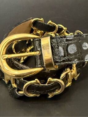 Vintage STREETS AHEAD Embossed Croc Leather Gold Horsebit C Slider Accent Belt S